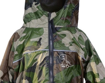 Personalised Camo Green Children's Waterproof All In One Rainsuit from Dry Kids with white boy dinosaur and name/initials