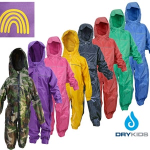 Rainbow Personalised Children's Waterproof All In One Rainsuit from Dry Kids, Kids Puddle Suit, Child's Overall ideal for outside play image 1