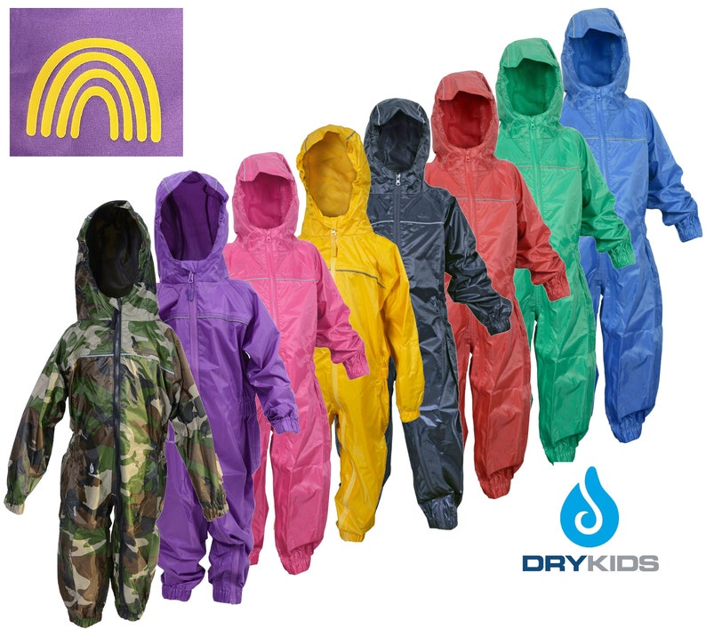 Rainbow Personalised Children's Waterproof All In One Rainsuit from Dry Kids, Kids Puddle Suit, Child's Overall ideal for outside play image 1