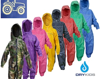 Tractor - Personalised Children's Waterproof All In One Rainsuit from Dry Kids, Kids Puddle Suit, Child's Overall ideal for outside play