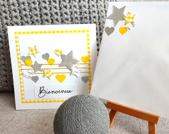 Carte de naissance, félicitations, bébé garçon, fille. fait main. Tendre, jaune et gris. Originale