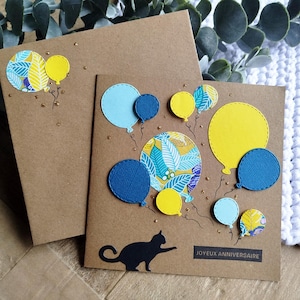 Carte Joyeux Anniversaire. Fait main. Carte chats et ballons. Bleu, jaune. Idéale pour les amoureux des chats.