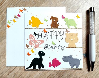 Carte Anniversaire Enfant, Animaux, idéale garçon et fille, fait main. Carte Happy Birthday animals. Carte chat, chien, poisson