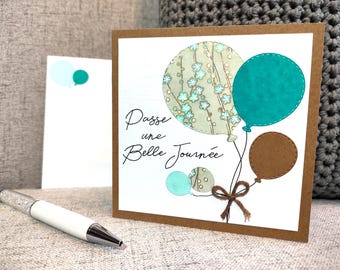Carte Anniversaire, fête, ou simple pensées. Carte bleu et marron, turquoise. Fait main. Idéal pour homme, femme, papy, mamy, adulte.