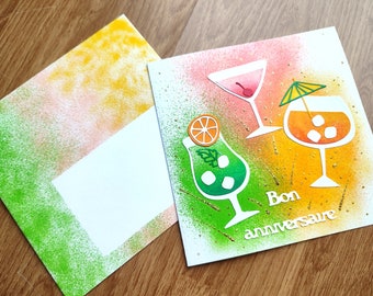 Carte Anniversaire fait main, cocktails, cocktail party, bar, fête. Idéal pour ado, femme et homme. Festif