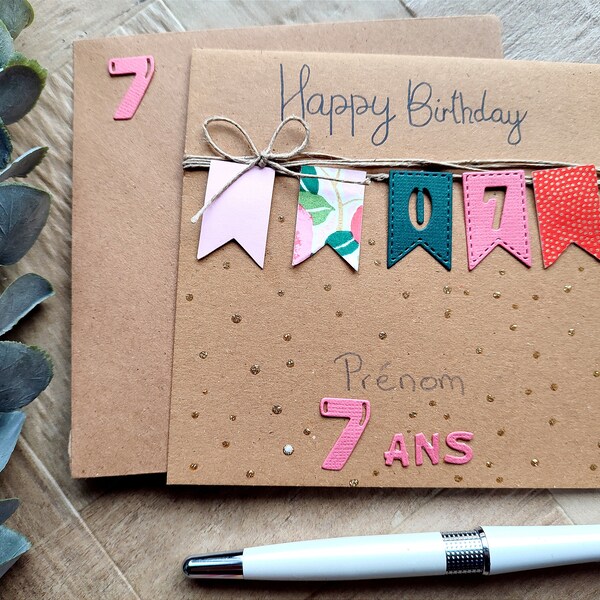 Carte Anniversaire fait main, personnalisable, fille, garçons, fanions et fête