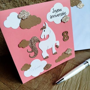 Carte Anniversaire. Personnalisable. Licorne et Paillettes, rose, idéale pour fillette. Cadeau personnalisé enfant afbeelding 2