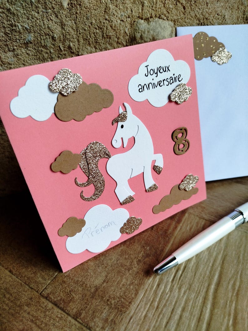 Carte Anniversaire. Personnalisable. Licorne et Paillettes, rose, idéale pour fillette. Cadeau personnalisé enfant afbeelding 2