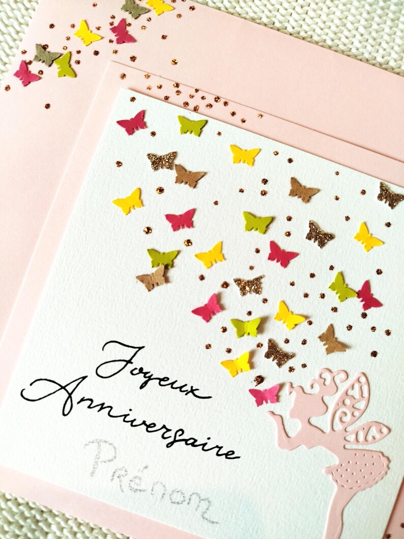 Carte Anniversaire, Fée et Papillon, Rose, personnalisable, idéale pour fillette. Carte simple image 4