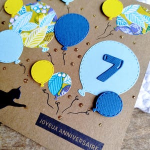 Carte Anniversaire, bon anniversaire, Fait main, chat et ballons bleus/jaune, idéale anniversaire garçon ou fille image 2