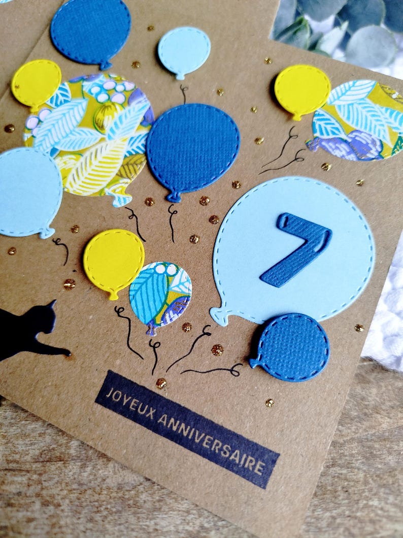 Carte Anniversaire, bon anniversaire, Fait main, chat et ballons bleus/jaune, idéale anniversaire garçon ou fille image 2