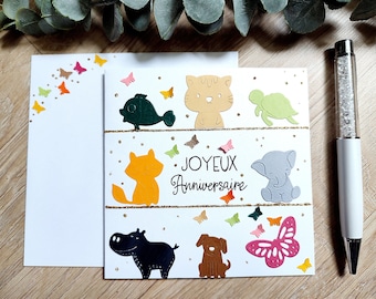 Carte Anniversaire Enfant, Animaux, idéale garçon et fille, fait main