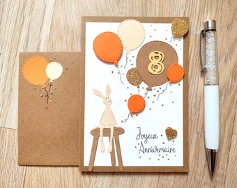 Carte Anniversaire enfant fille personnalisable, doudou/lapin ballons, mignon/cute idéale pour enfant, fait main.