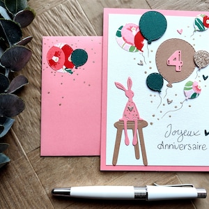 Carte Anniversaire Enfant, personnalisable, doudou/lapin ballons et cœurs, mignon