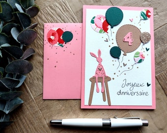 Carte Anniversaire Enfant, personnalisable, doudou/lapin ballons et cœurs, mignon