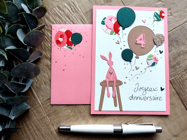 Carte Anniversaire Enfant, personnalisable, doudou/lapin ballons et cœurs, mignon Bild 1