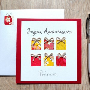 Carte Anniversaire fait main, femme, fille ou fillette. Rouge et jaune. Originale. Personnalisable