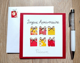 Carte Anniversaire fait main, femme, fille ou fillette. Rouge et jaune. Originale. Personnalisable