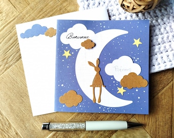 Carte de naissance personnalisable. félicitations, nouveau né, garcon. Fait main. Doudou, nuages et étoiles. Tendre