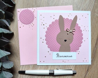Carte de naissance, félicitations, nouveau né, bébé fille. Fait main. Tendre et élégante et moderne