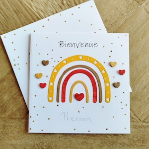 Carte de Naissance bienvenue bebe personnalisable Fille et garçon. Arc en ciel. Terracotta, moutarde/ocre et kraft. Naturel. Fait main.