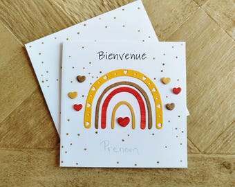 Carte de Naissance bienvenue bebe personnalisable Fille et garçon. Arc en ciel. Terracotta, moutarde/ocre et kraft. Naturel. Fait main.