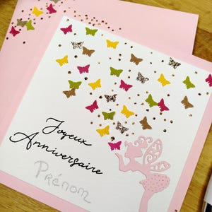 Carte Anniversaire, Fée et Papillon, Rose, personnalisable, idéale pour fillette. Carte simple image 2