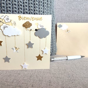 Carte Bienvenue, Naissance Bébé, tons pastels jaune et gris, tendre idéale pour naissance ou bapteme
