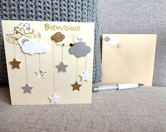 Carte Bienvenue, Naissance Bébé, tons pastels jaune et gris, tendre idéale pour naissance ou bapteme