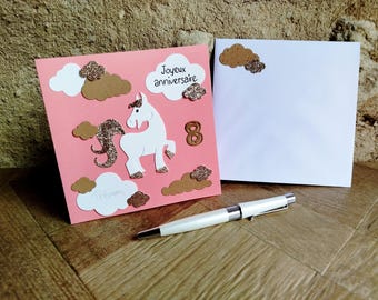 Carte Anniversaire. Personnalisable. Licorne et Paillettes, rose, idéale pour fillette. Cadeau personnalisé enfant