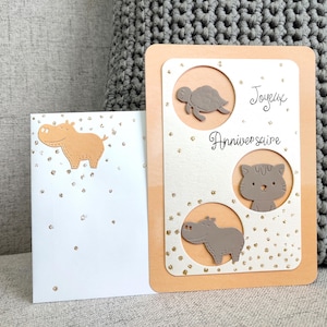 Carte Anniversaire personnalisable enfant. Fait main. fille ou garçon. Theme animaux. Chat, hippo Orange et marron. Tons pastels. originale.