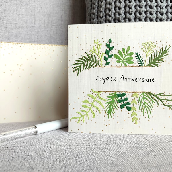 Carte Anniversaire, Fait Main, plantes et fleurs, vert et or, idéale pour les amoureux de la nature