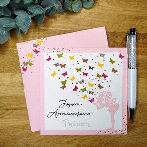 Carte Anniversaire, Fée et Papillon, Rose, personnalisable, idéale pour fillette. Carte simple image 1
