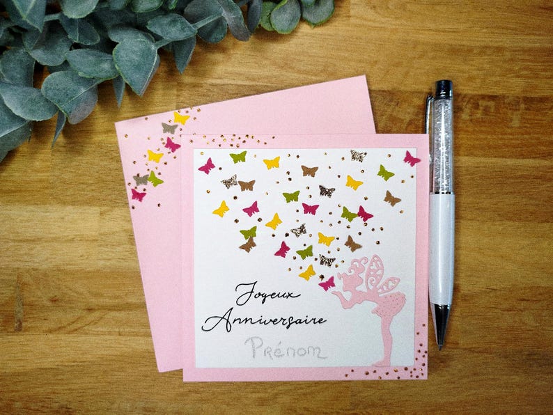 Carte Anniversaire, Fée et Papillon, Rose, personnalisable, idéale pour fillette. Carte simple image 1