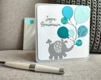 Carte Anniversaire fait main, éléphant et ballons, idéal pour enfant