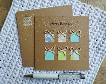 Carte Anniversaire. Happy Birthday. Cadeaux. Bleus pastels. Fait main. Idéale pour femme, enfant, homme. Moderne et unique
