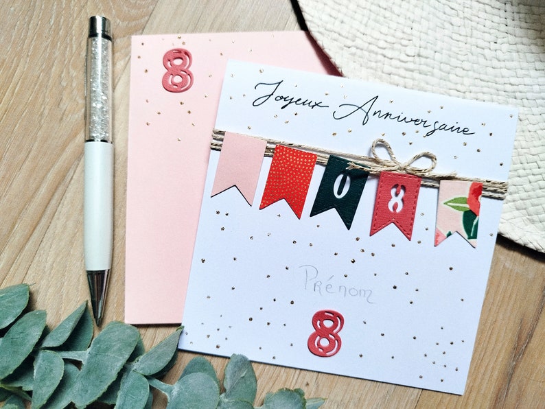 Carte Anniversaire fait main, personnalisable, fille, garçons, fanions et fête image 1