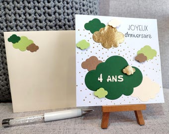 Birthday card. Child. Customizable. Ideal for boy and girl. Dark green, gold and brown. Jungle and cloud theme. Handmade card.