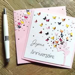 Carte Anniversaire, Fée et Papillon, Rose et girly pour fillette. Carte simple