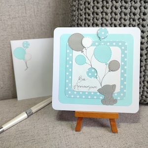 Carte Bon Anniversaire, bleu et gris, idéale pour un nouveau-né, éléphant et ballons