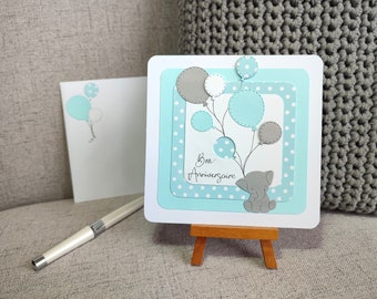 Carte Bon Anniversaire, bleu et gris, idéale pour un nouveau-né, éléphant et ballons