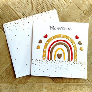 Carte bienvenue. Naissance bébé. Baby shower. Bebe fille. Fait main. Personnalisable. Rainbow terracotta et ocre. Moderne et unique.