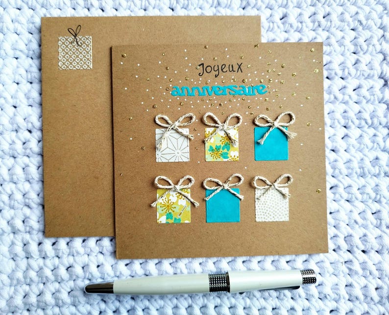 Carte Anniversaire enfant, femme et homme, fait main, bleu turquoise et anis, idéale enfant et adulte image 1