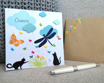 Carte Coucou, nature, animaux, chats, papillons, idéale pour enfants et anniversaires