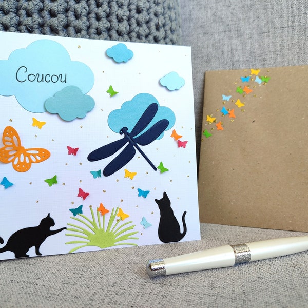 Carte Coucou, nature, animaux, chats, papillons, idéale pour enfants et anniversaires