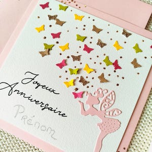 Carte Anniversaire, Fée et Papillon, Rose, personnalisable, idéale pour fillette. Carte simple image 3