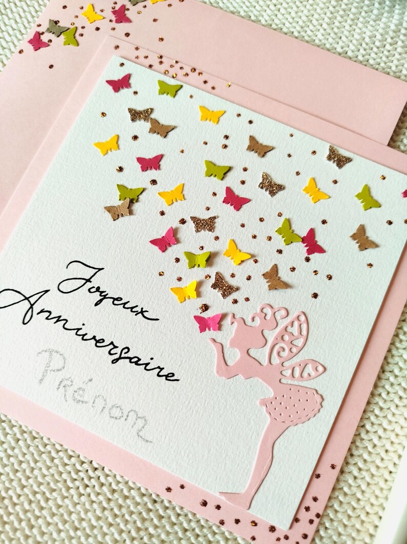 Carte Anniversaire, Fée et Papillon, Rose, personnalisable, idéale pour fillette. Carte simple image 3