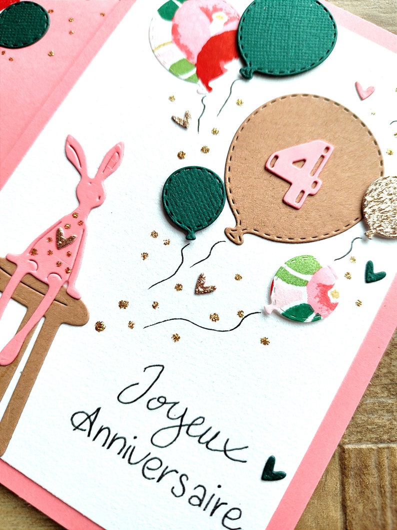 Carte Anniversaire Enfant, personnalisable, doudou/lapin ballons et cœurs, mignon Bild 2