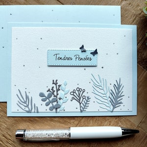 Carte Condoléances, faite main, Tendres pensées Blauw