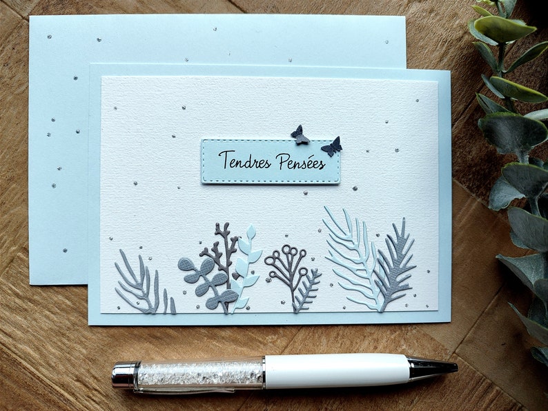 Carte Condoléances, faite main, Tendres pensées Blauw